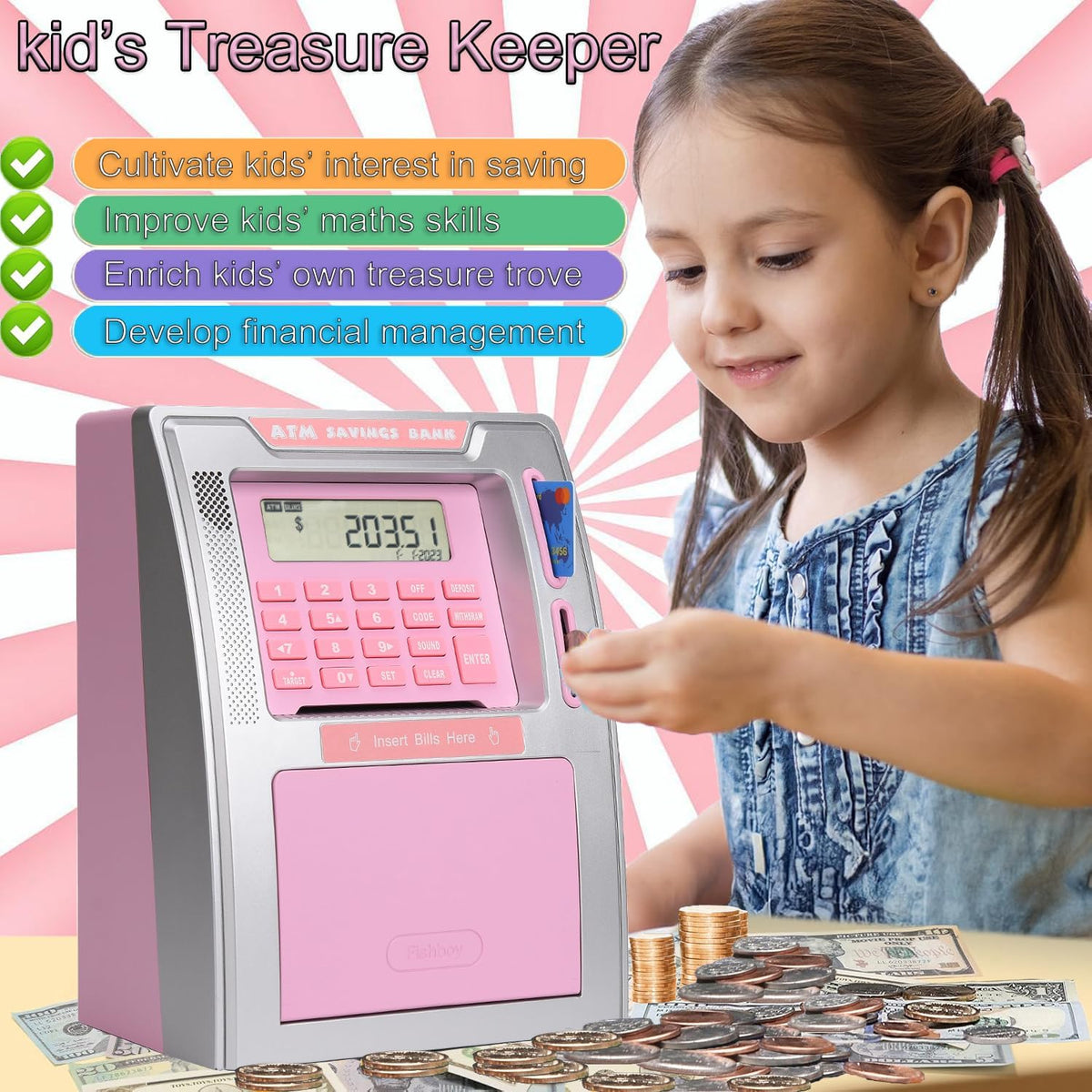 Fishboy Pink ATM Piggy Bank auto-opening drawer during deposits.