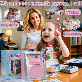 Fishboy Pink ATM Piggy Bank showing dual cards for daily savings.