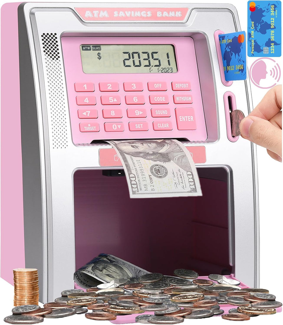 Fishboy Talking Pink ATM Piggy Bank front view with dual cards for kids.