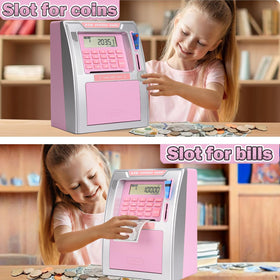 Fishboy Pink ATM Piggy Bank with friendly voice prompts guiding deposits.