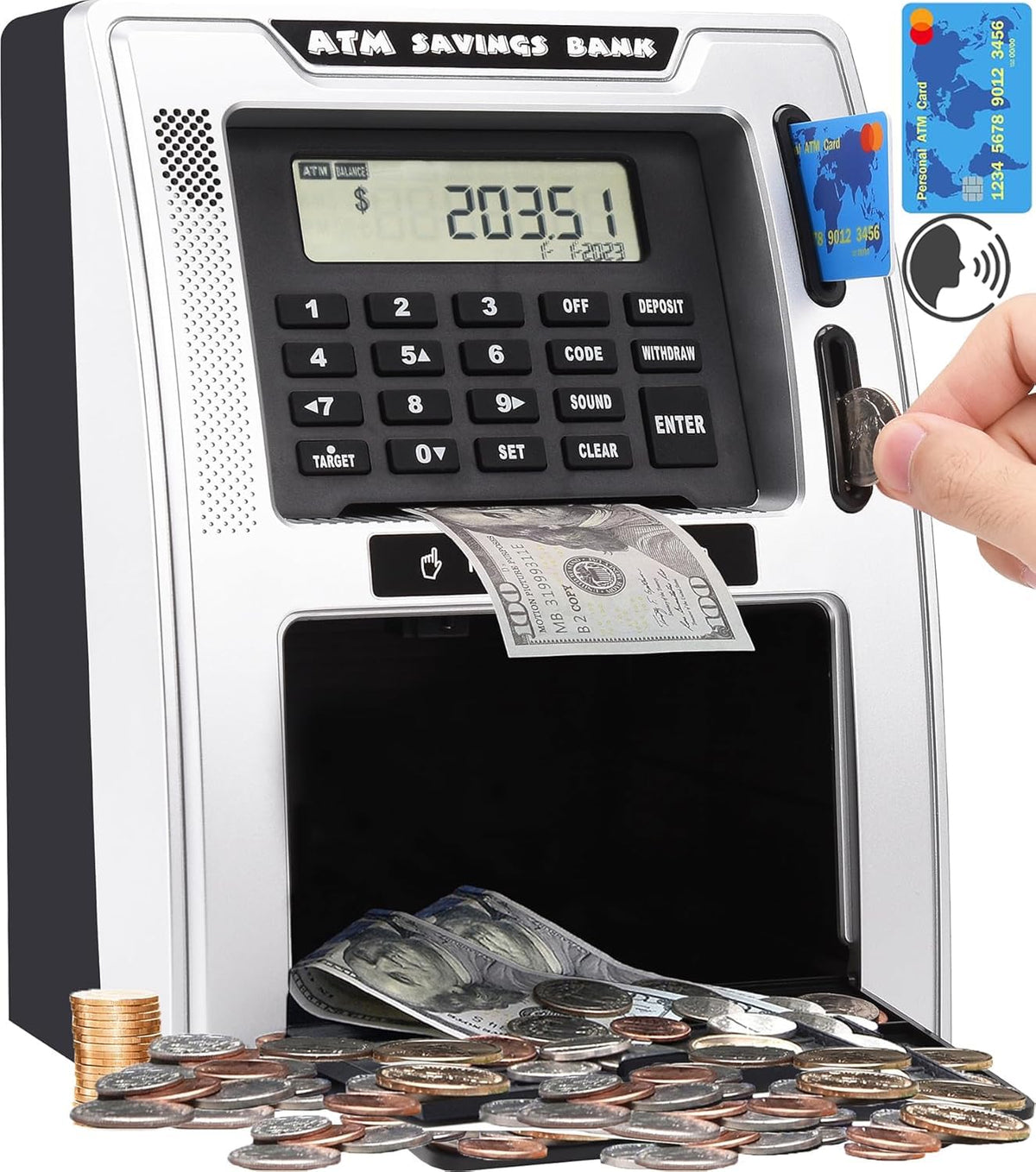 Fishboy Talking ATM Piggy Bank shows drawer opening automatically for deposits.