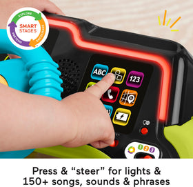 Nine-button keypad on Fisher-Price driver fosters early letters and numbers through sounds.