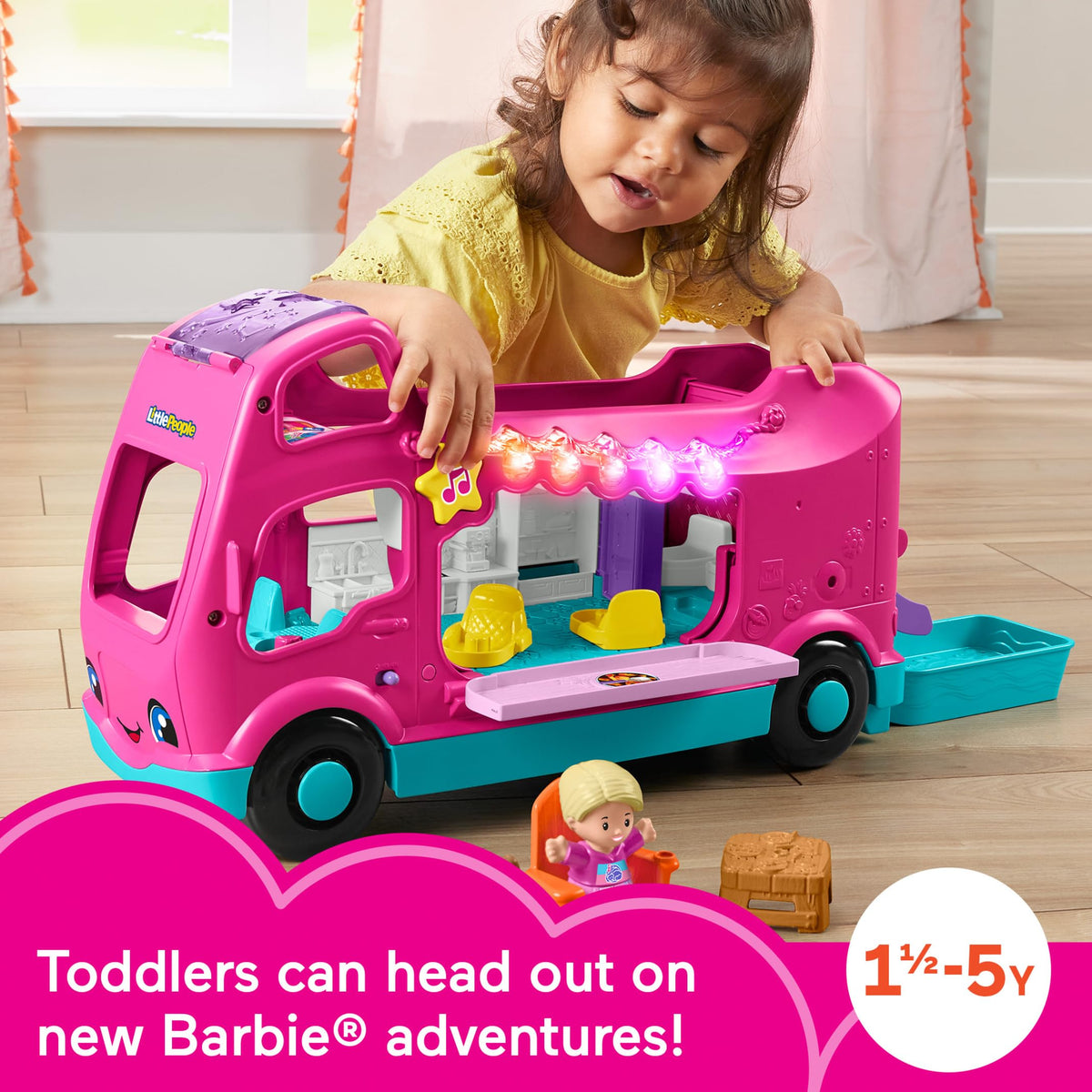 Barbie Dreamcamper interior deck slide supports dynamic pretend play