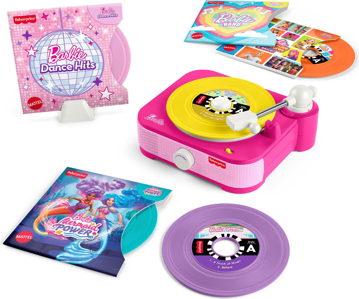 Fisher-Price Barbie Record Player turntable spins for imaginative play.