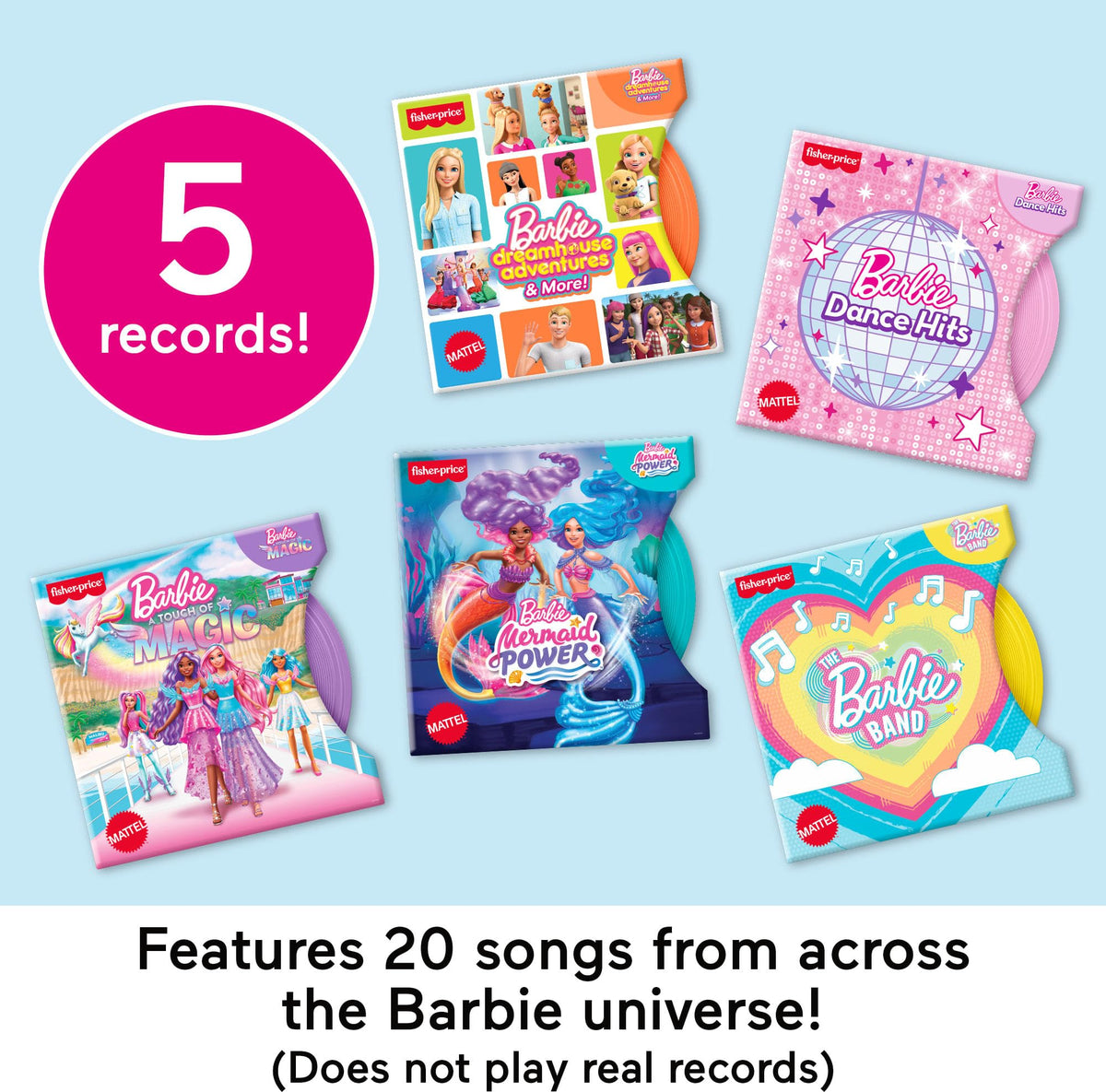 Fisher-Price Barbie record collection showcases five themed records for creative playlists.