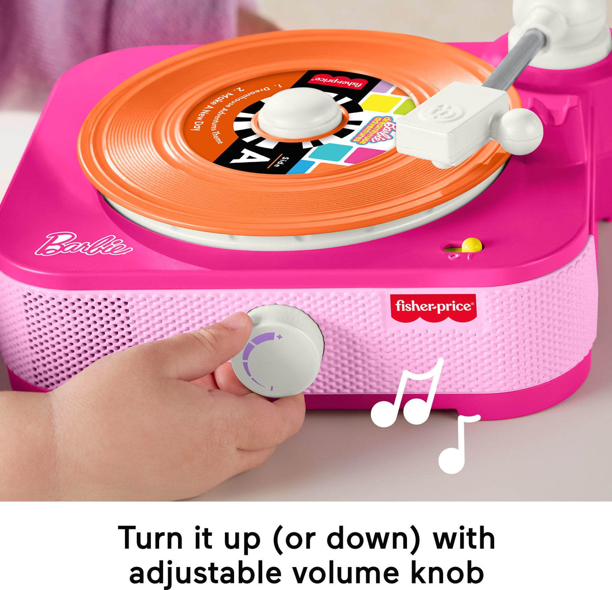 Fisher-Price Barbie volume knob lets kids adjust sound for comfortable listening.