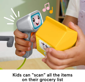 Fisher-Price cash drawer opens with coins for realistic checkout experiences.