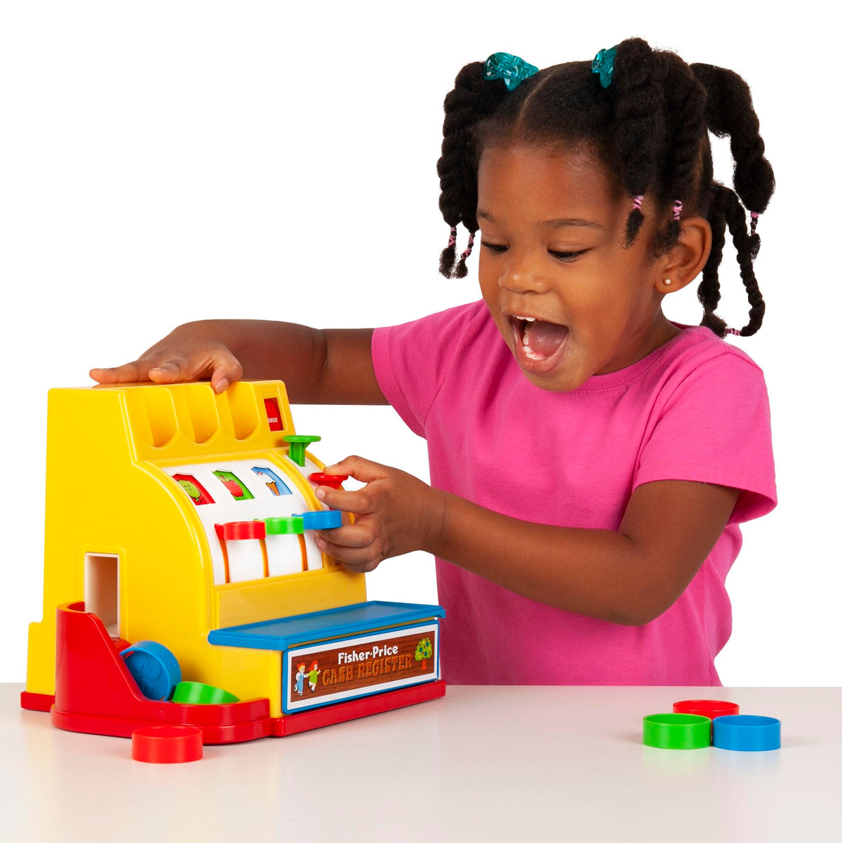 Coins and crank action on the Fisher-Price Classics Retro Cash Register.