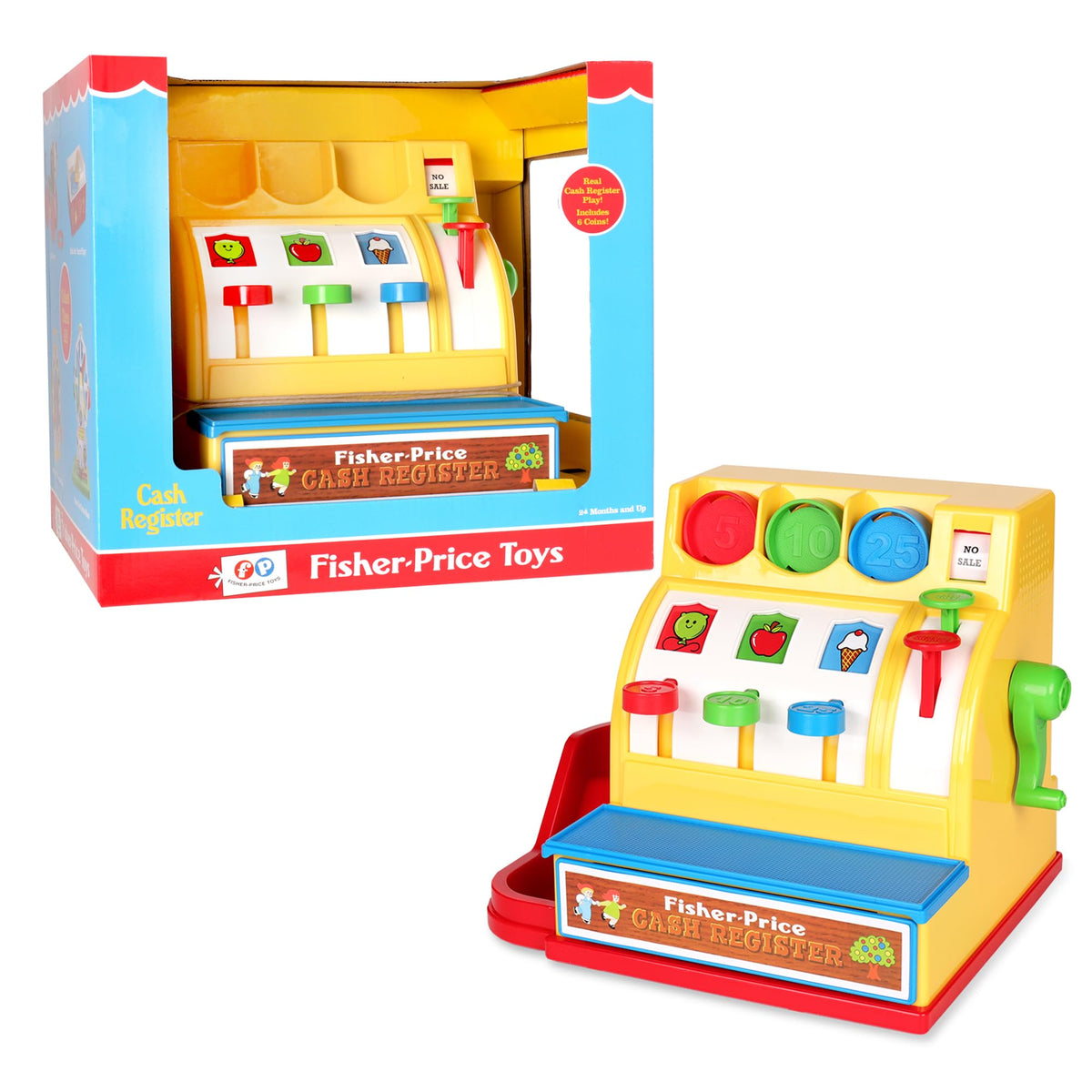 Fisher-Price Classics Retro Cash Register front view with colorful coins for counting play.