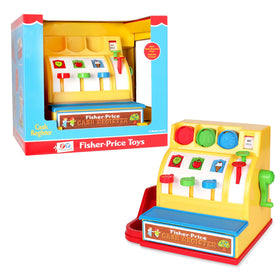 Fisher-Price Classics Retro Cash Register front view with colorful coins for counting play.