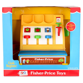 Fisher-Price Classics Retro Cash Register open drawer for pretend shopping.