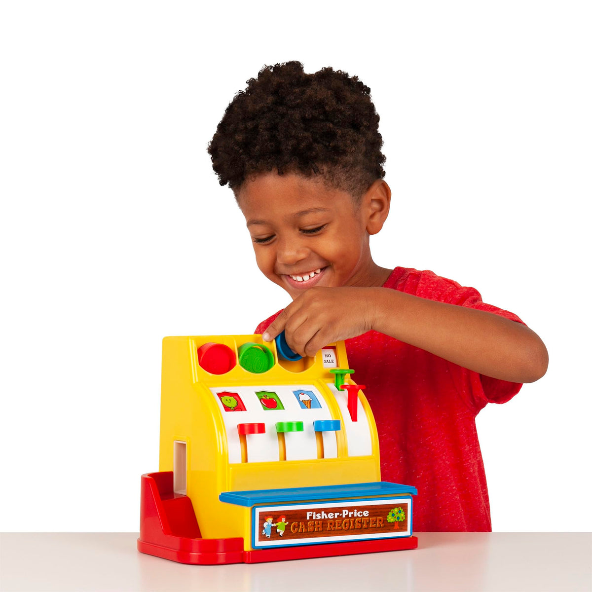 Fisher-Price Classics Retro Cash Register bright colors support early motor skills in play.