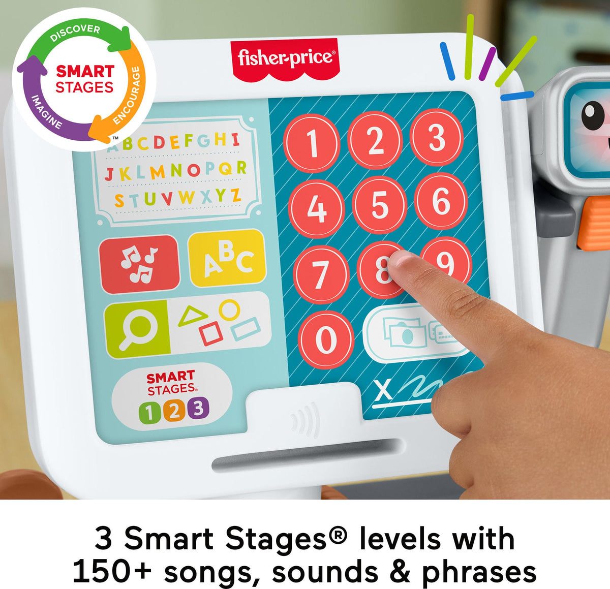 Fisher-Price count & shop play pieces including bread, cheese, eggs for imaginative store play.