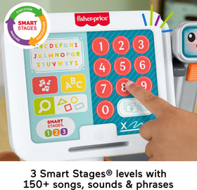 Fisher-Price count & shop play pieces including bread, cheese, eggs for imaginative store play.