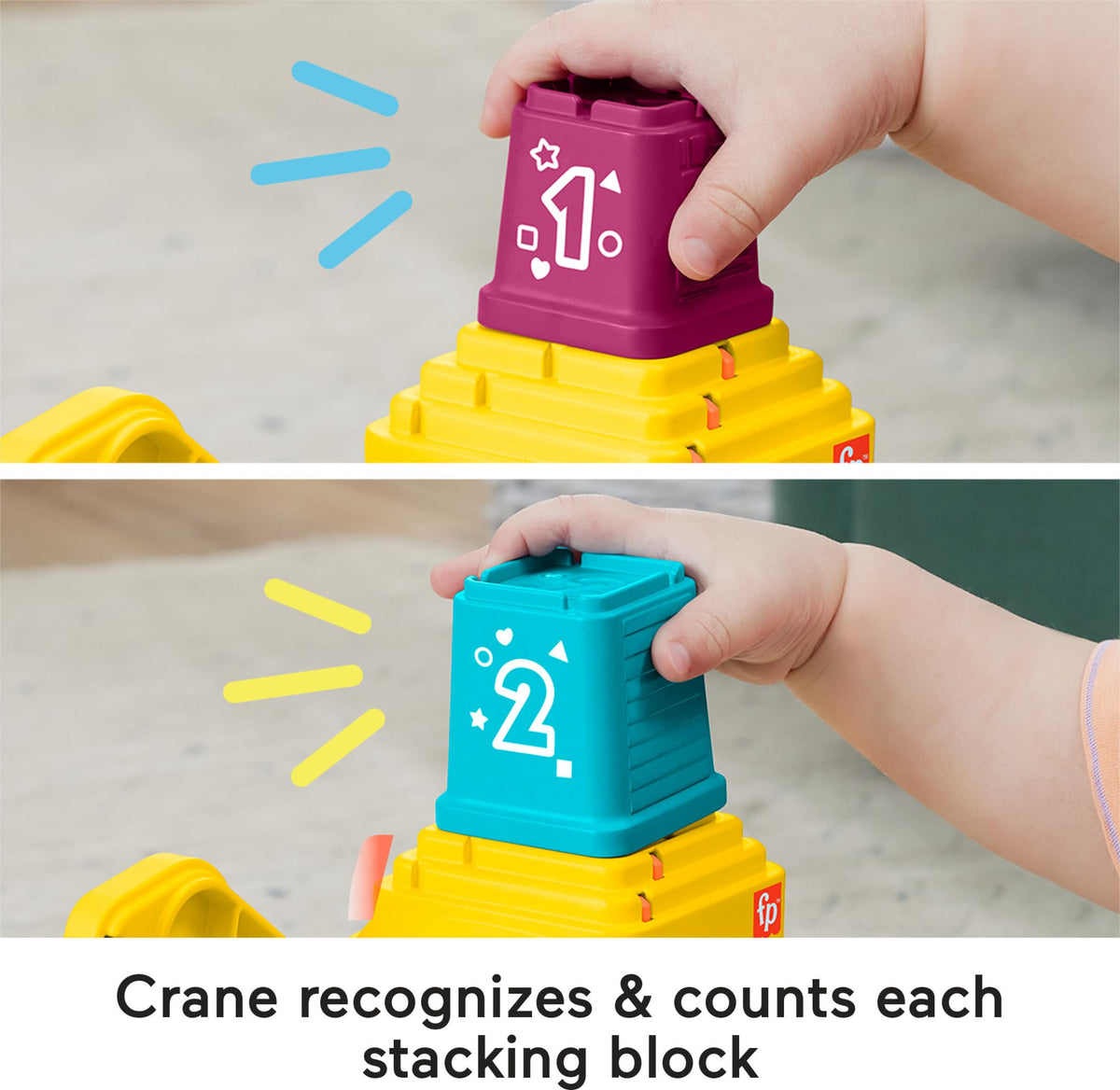 Fisher-Price Count & Stack Crane music button adds interactive learning moments