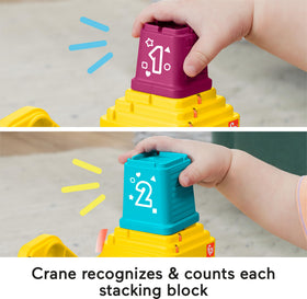 Fisher-Price Count & Stack Crane music button adds interactive learning moments