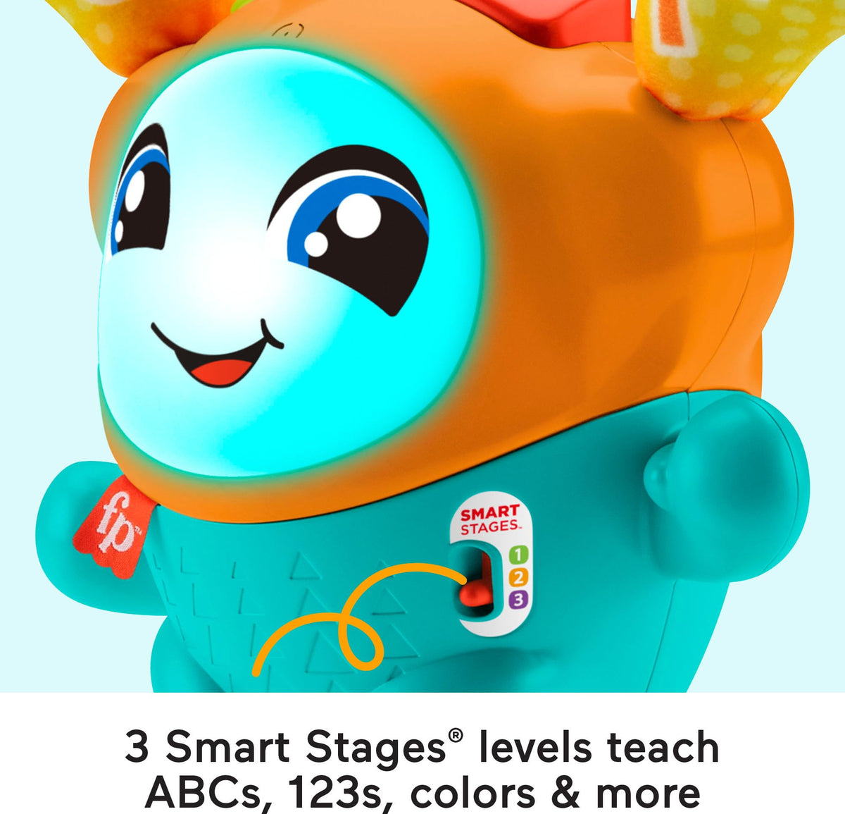 Fisher-Price DJ Bouncin’ Beats 75+ songs provide musical exploration and language cues.