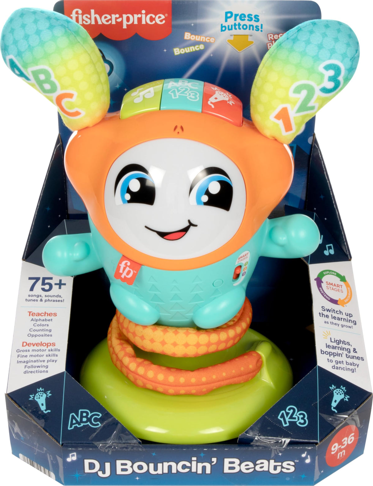 Fisher-Price DJ Bouncin’ Beats ages 9–36 months with three Smart Stages fosters growth.