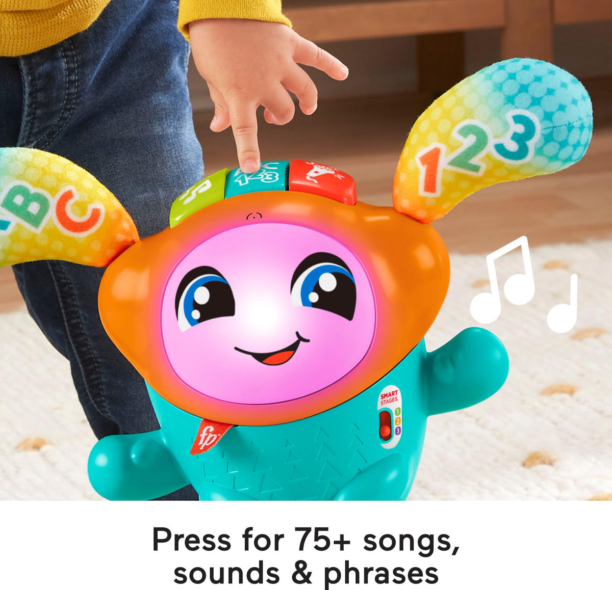 Fisher-Price DJ Bouncin’ Beats interactive buttons introduce alphabet and colors through play.