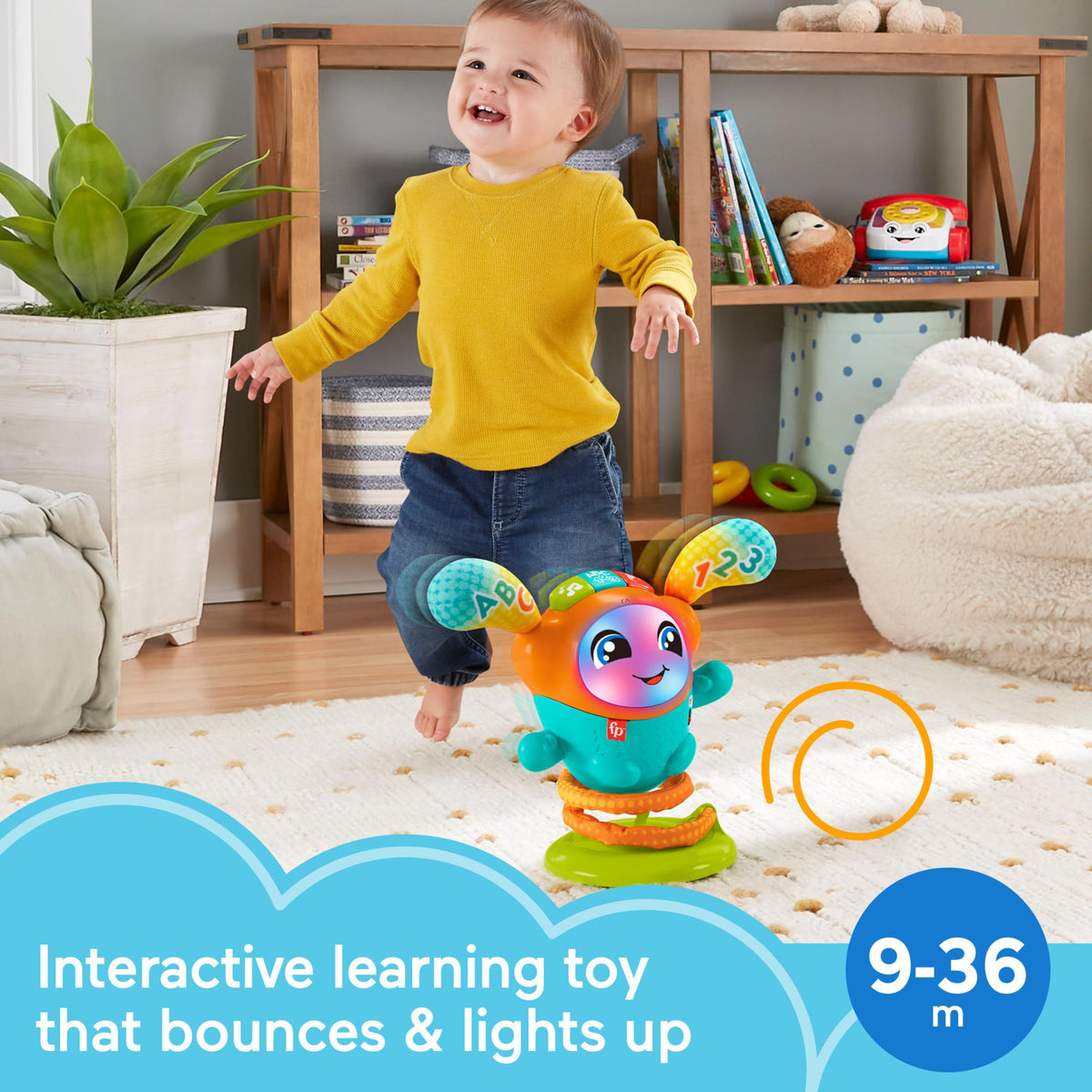 Fisher-Price DJ Bouncin’ Beats colorful lights engage visual learners and prompt exploration.