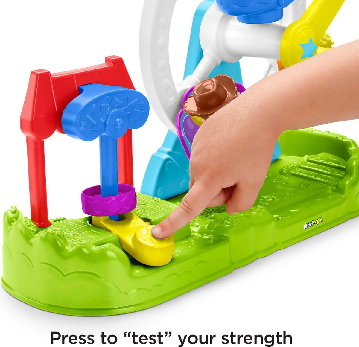 Weight lever on the Ferris Wheel lifts the weight, encouraging cause-and-effect play.