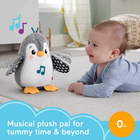 Fisher-Price Flap & Wobble Penguin music modes support auditory exploration and baby cue responsiveness.