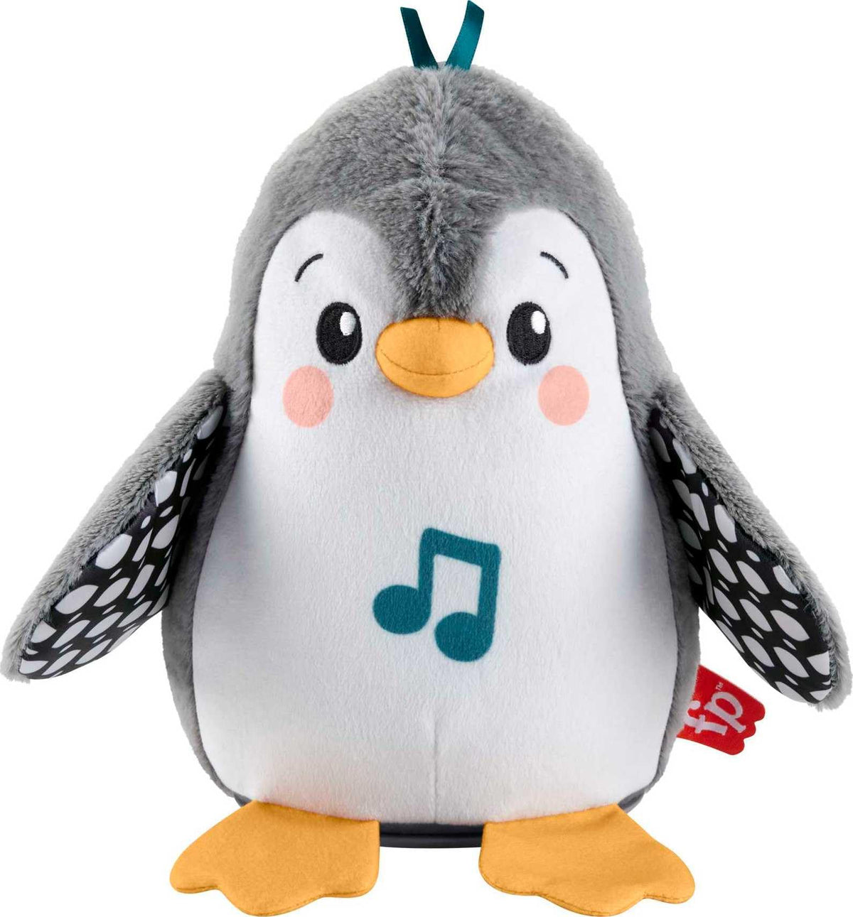 Fisher-Price Flap & Wobble Penguin during tummy time boosts visual focus and playful engagement.