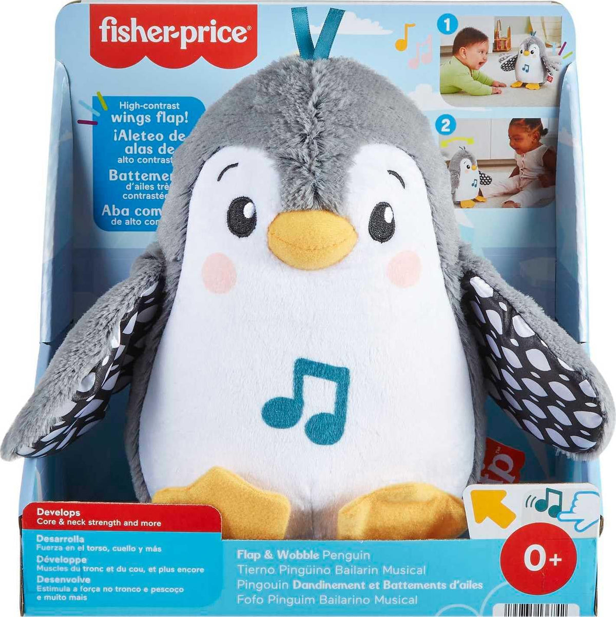 Fisher-Price Flap & Wobble Penguin roly-poly base inspires gentle wobble and cause-and-effect play.