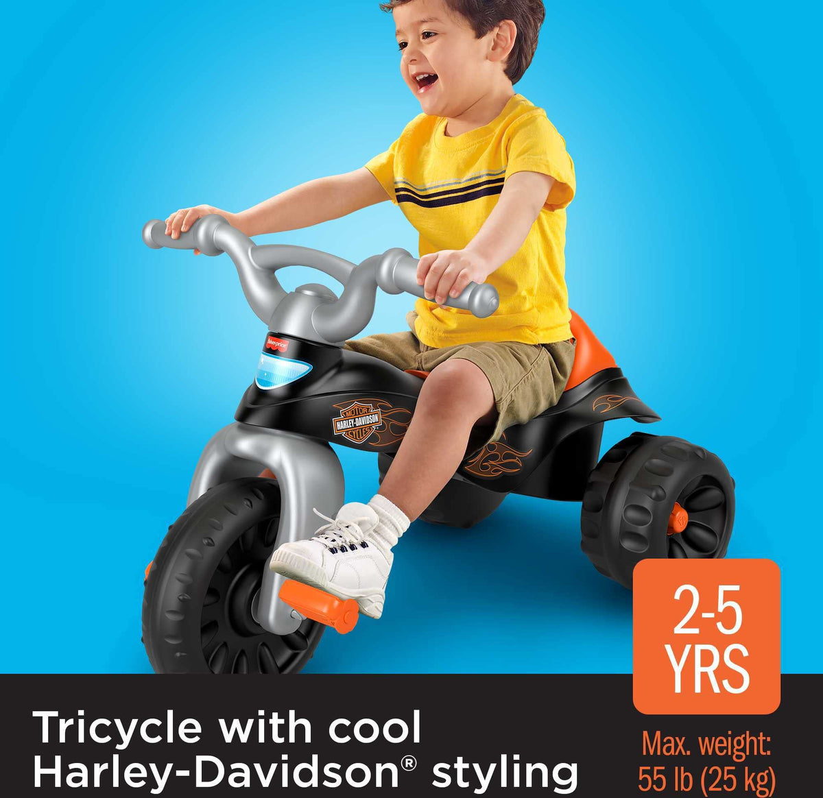 Fisher-Price Harley-Davidson Tough Trike with easy-grip handlebars for young riders.