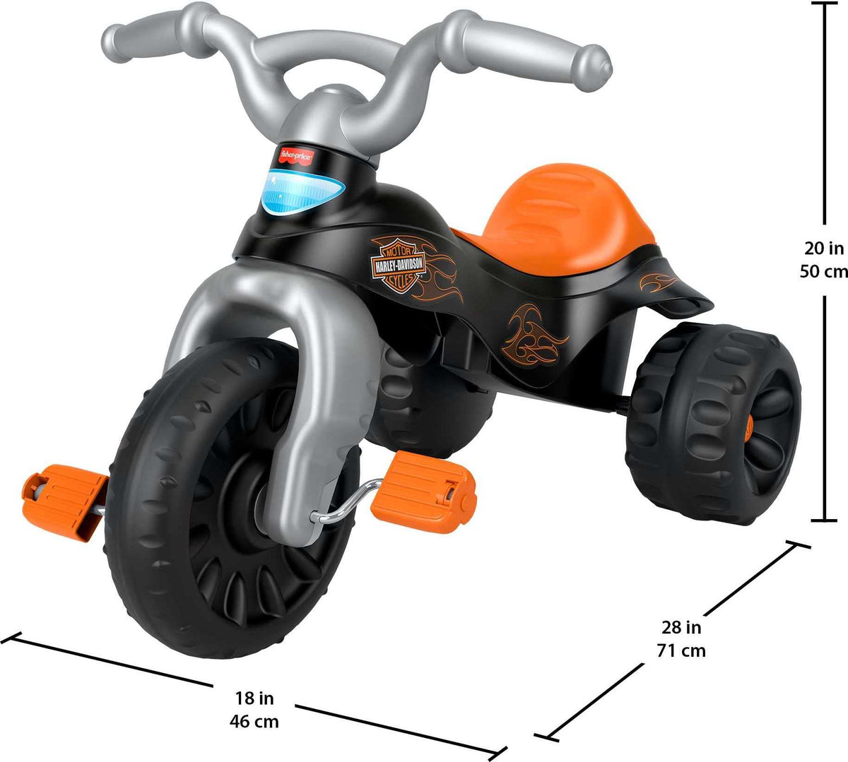 Fisher-Price Harley-Davidson Tough Trike with large pedals to help kids start pedaling.