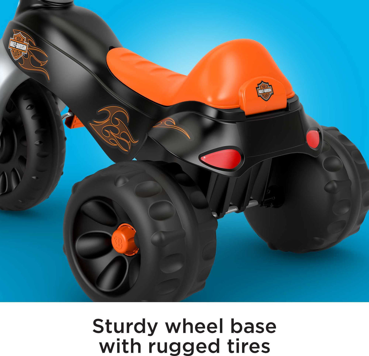 Fisher-Price Harley-Davidson Tough Trike has a wide wheel base for stability.