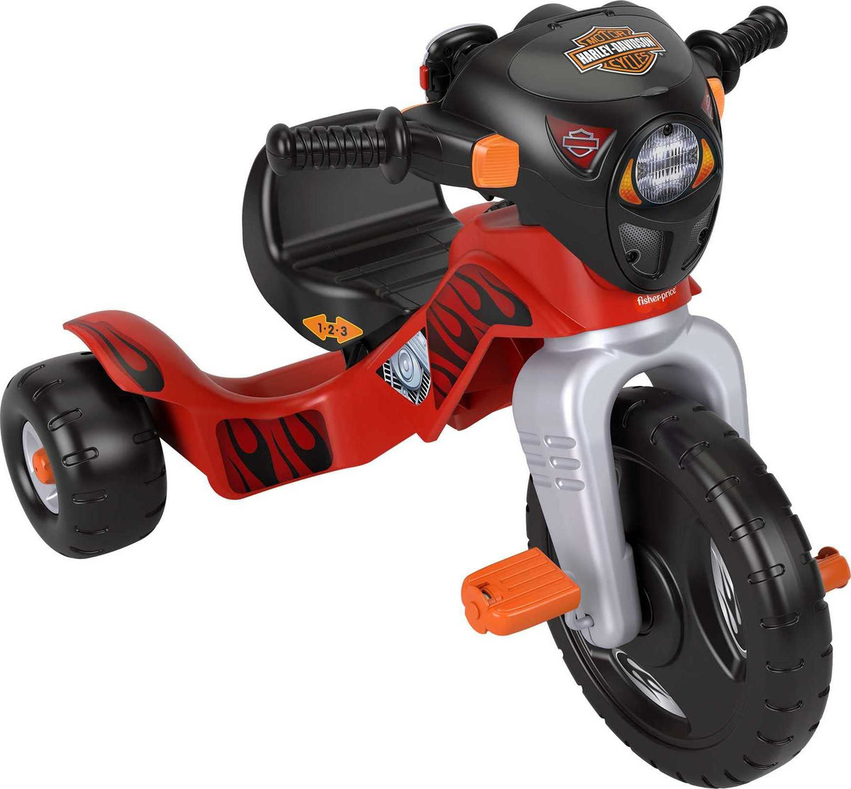 Fisher-Price Harley-Davidson trike front view shows a durable outdoor-ready frame.