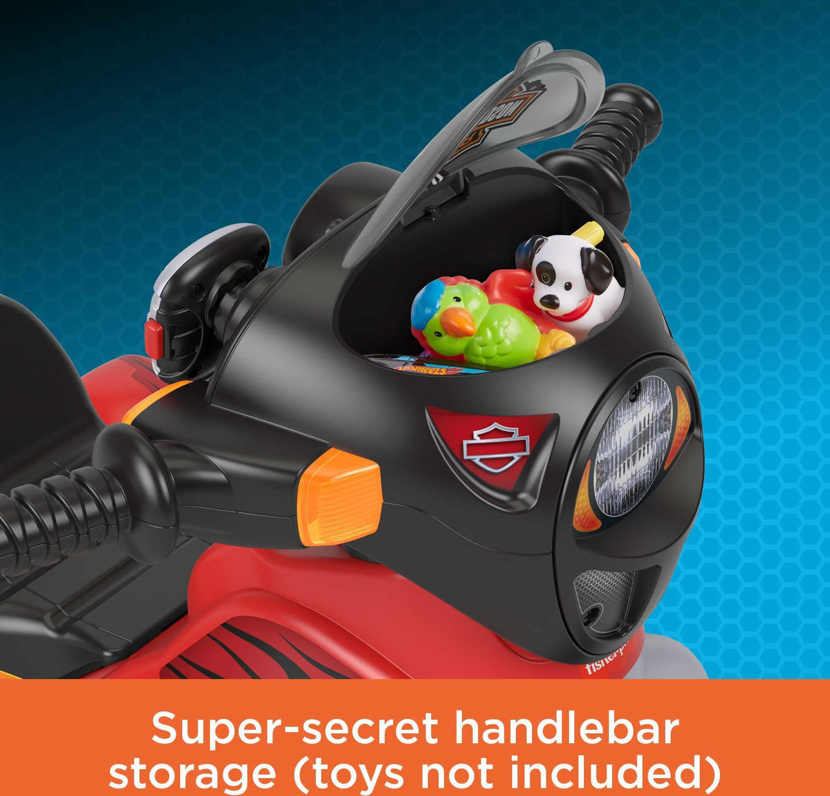 Lights and sounds on Harley-Davidson trike enhance pretend riding play.