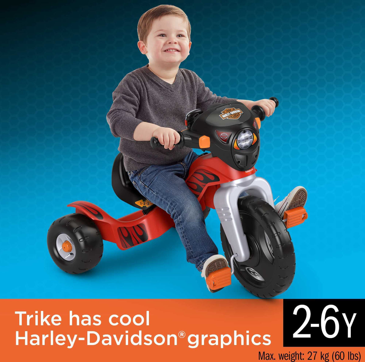Harley-Davidson trike side action highlights easy-grip handlebars for young riders.