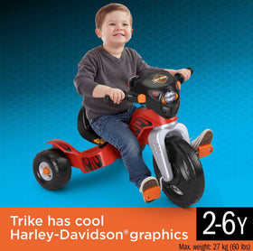 Harley-Davidson trike side action highlights easy-grip handlebars for young riders.