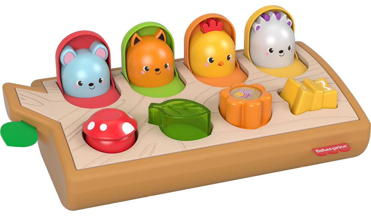 Fisher-Price Hide & Peek Pop-Up mushroom opens to greet baby, stimulating curiosity.