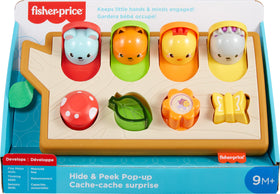 Fisher-Price Hide & Peek Pop-Up flower spins to reveal rooster, adding surprise.