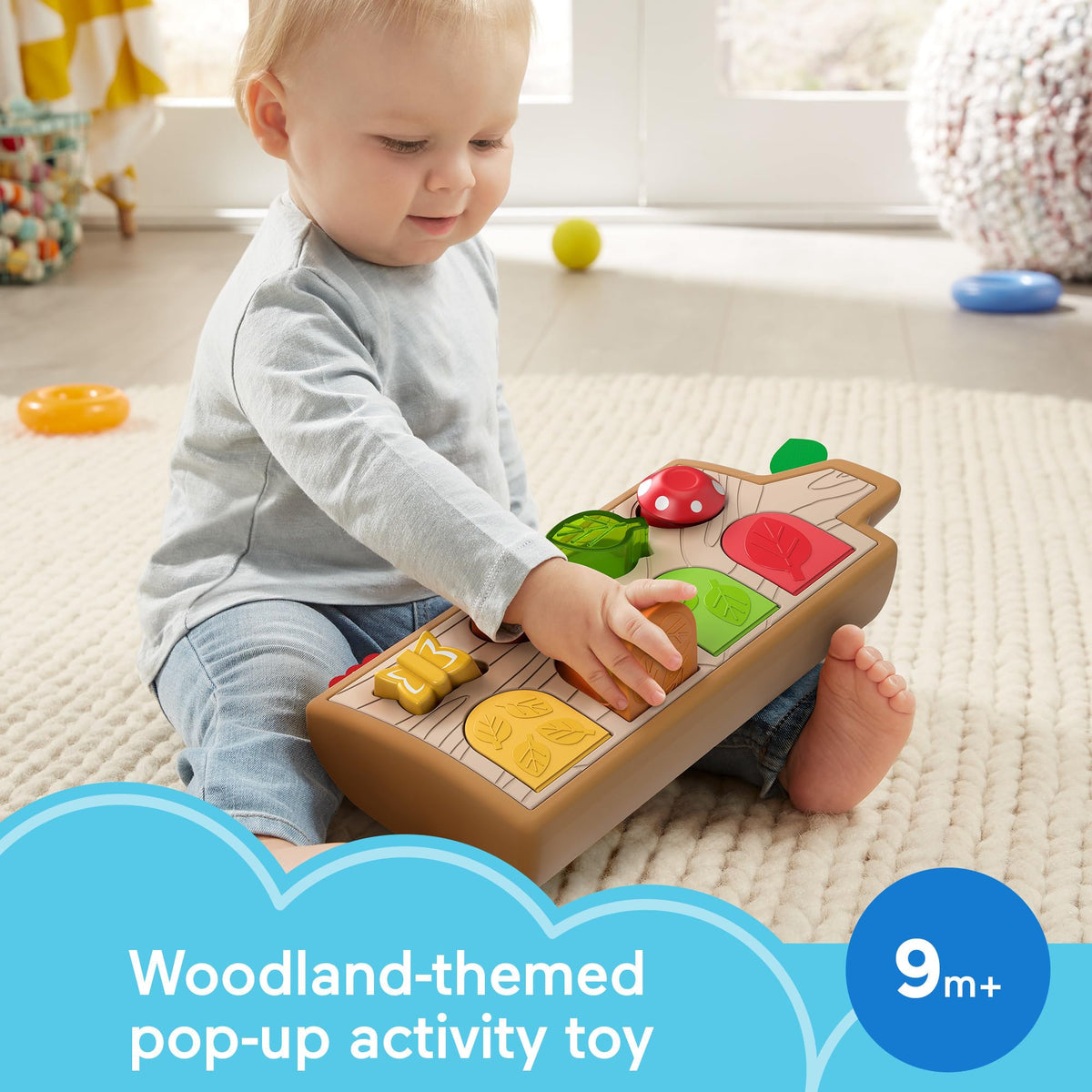 Fisher-Price Hide & Peek Pop-Up squeaking mouse adds playful sound cues for cause and effect.