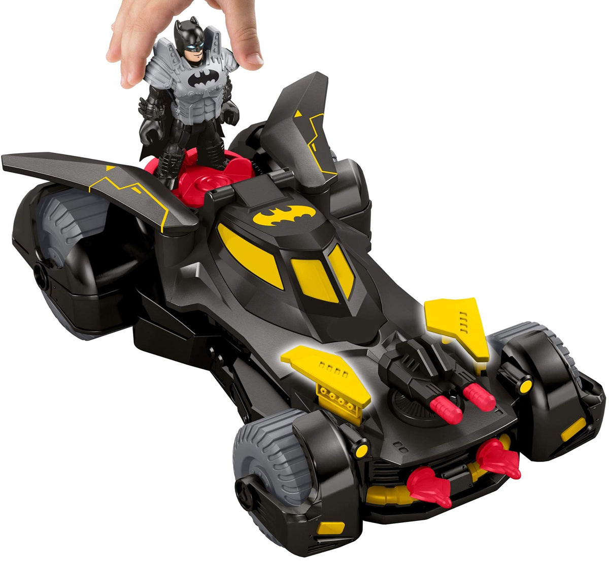 Fisher-Price Imaginext Batmobile wings spread to reveal the bat emblem during battles.