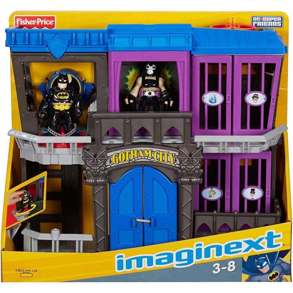 Fisher-Price Imaginext Gotham City Jail set includes batteries for immediate play.
