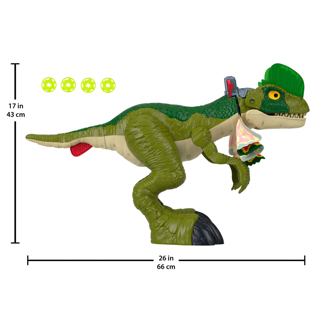 The 16-inch Dilophosaurus towers over play scenes for dramatic storytelling.