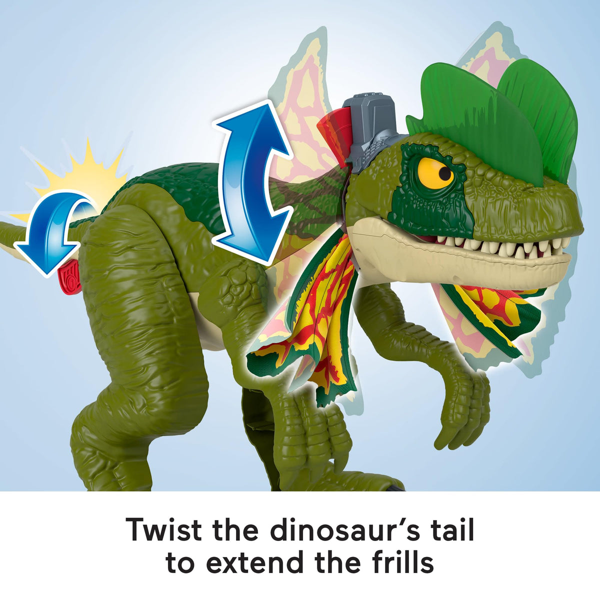Frills extend with lights and sounds for a dramatic reveal during play.