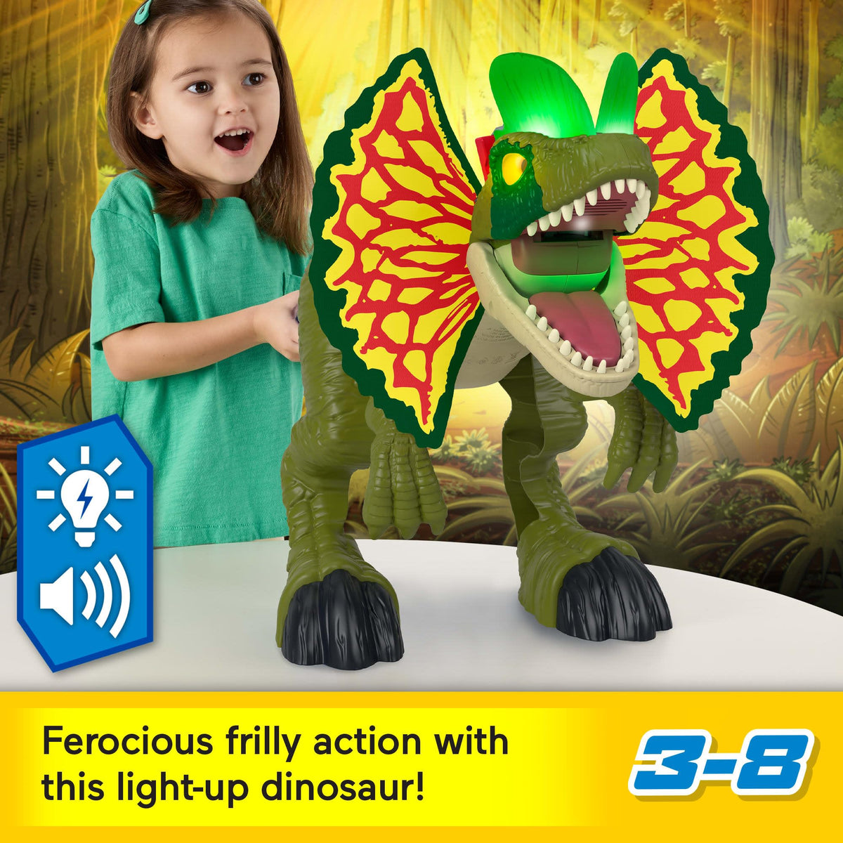 Imaginext Dilophosaurus mouth opens when the tail is pressed for action.