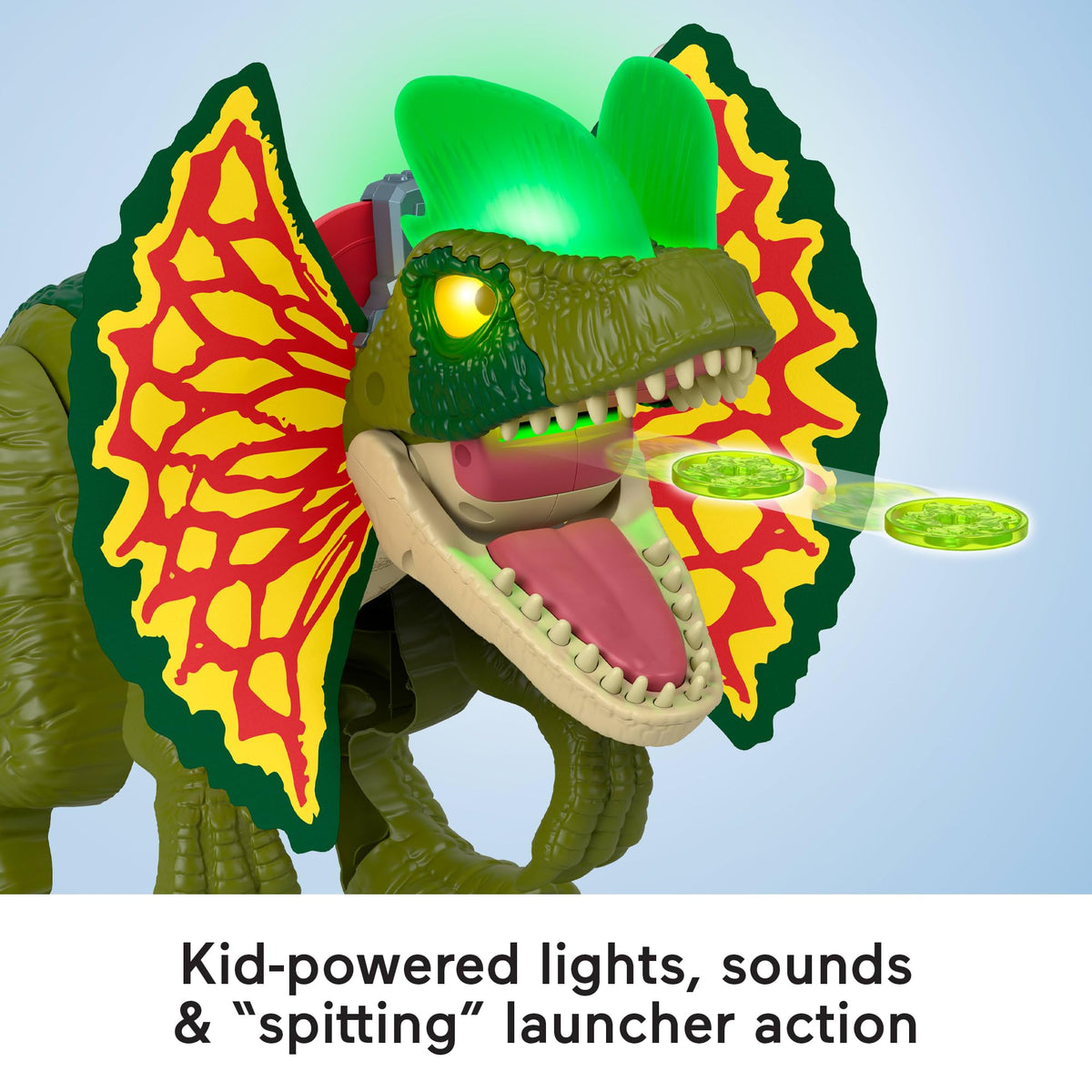 Dino fires four projectiles for action-packed battles with Imaginext toy.