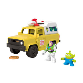 Fisher-Price Imaginext Pizza Planet Truck side view with rolling wheels for adventures.