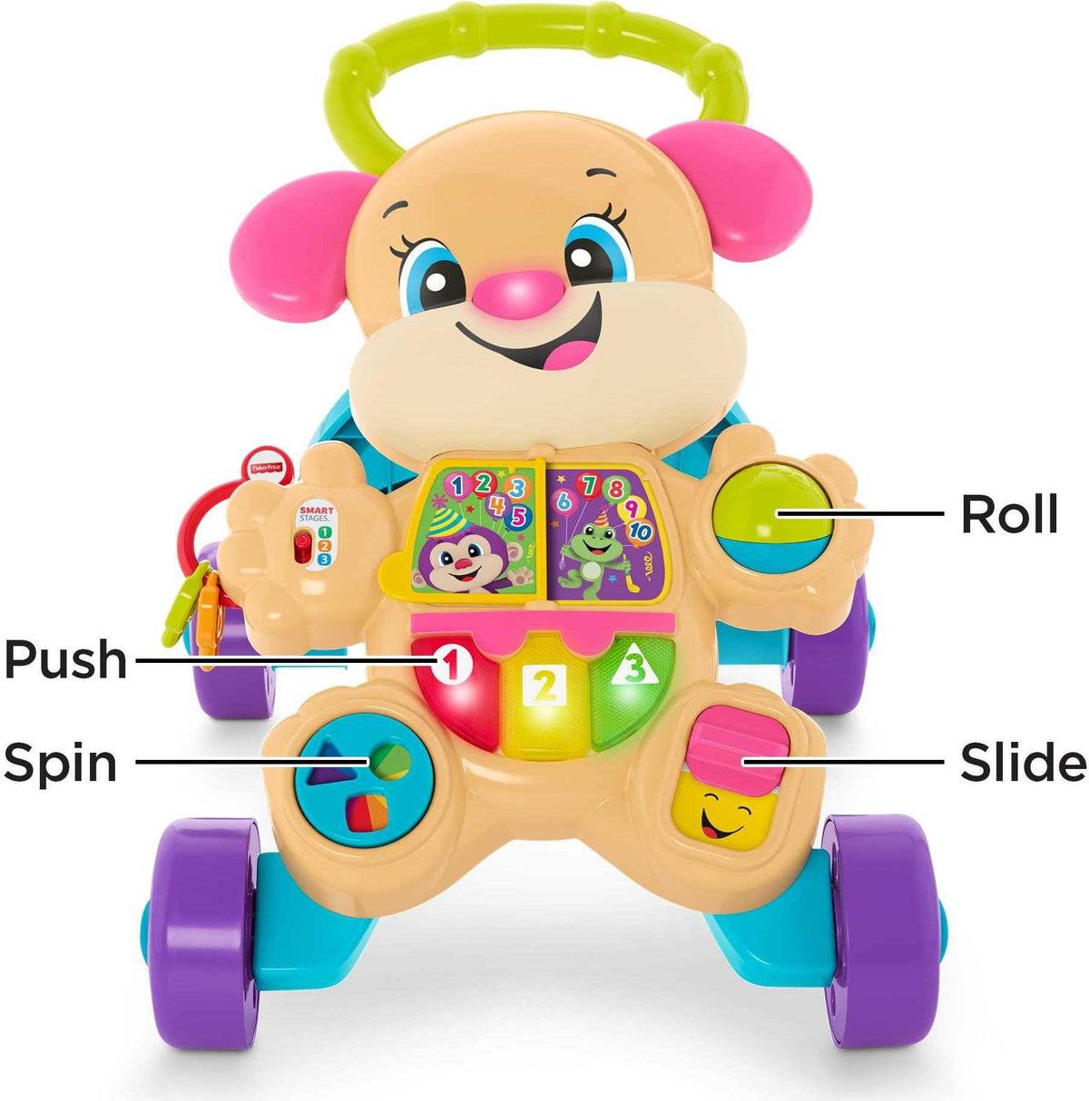 Fisher-Price Laugh & Learn Sis Walker four-wheel base steadies first steps.