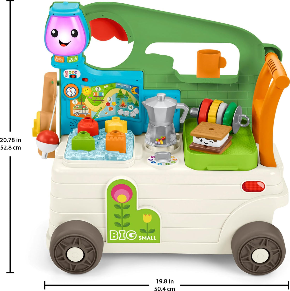 Lights and music buttons on the Fisher-Price camper engage sensory play