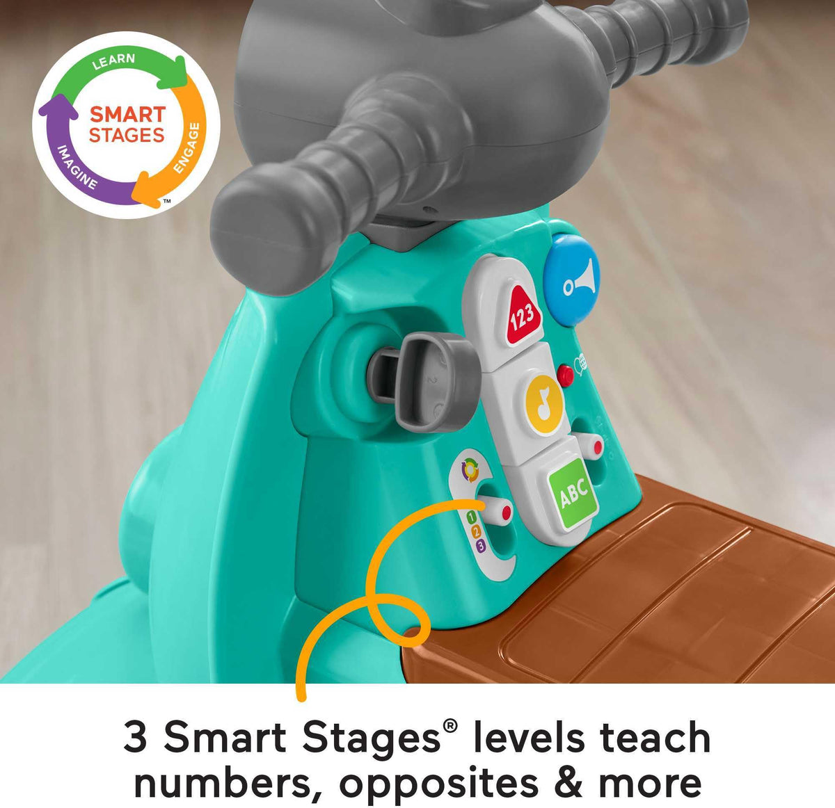 Fisher-Price Laugh and Learn scooter wide wheels provide stable balance for beginners