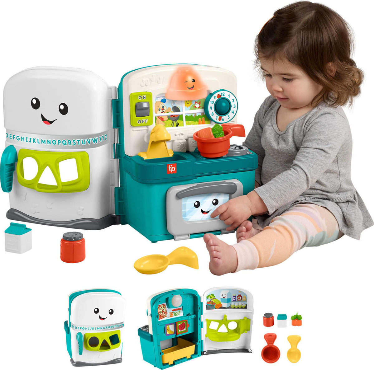 Fisher-Price Laugh & Learn kitchen pantry opens for imaginative play and language exploration.