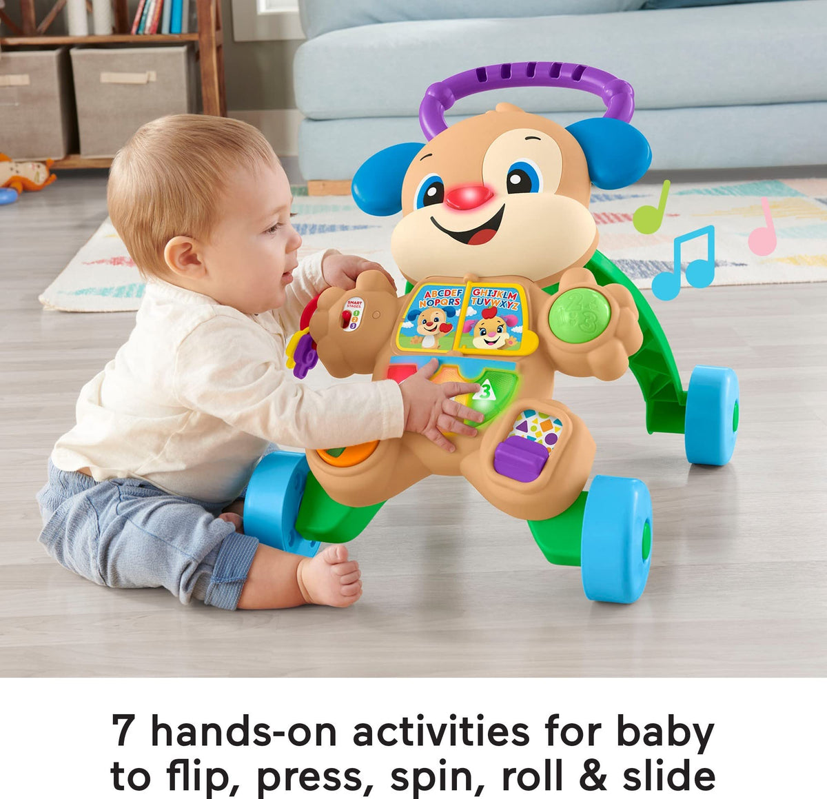 Fisher-Price Laugh & Learn Puppy Walker nose-roller-spinner-page invites interaction